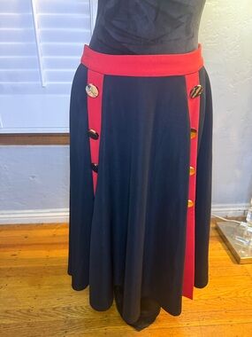 Red Trim Black A-Line Skirt with Decorative Buttons